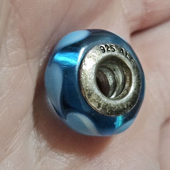 **Sale** Pandora Sterling Silver Murano Glass Blue White Hearts Bead Charm - Picture 3 of 12